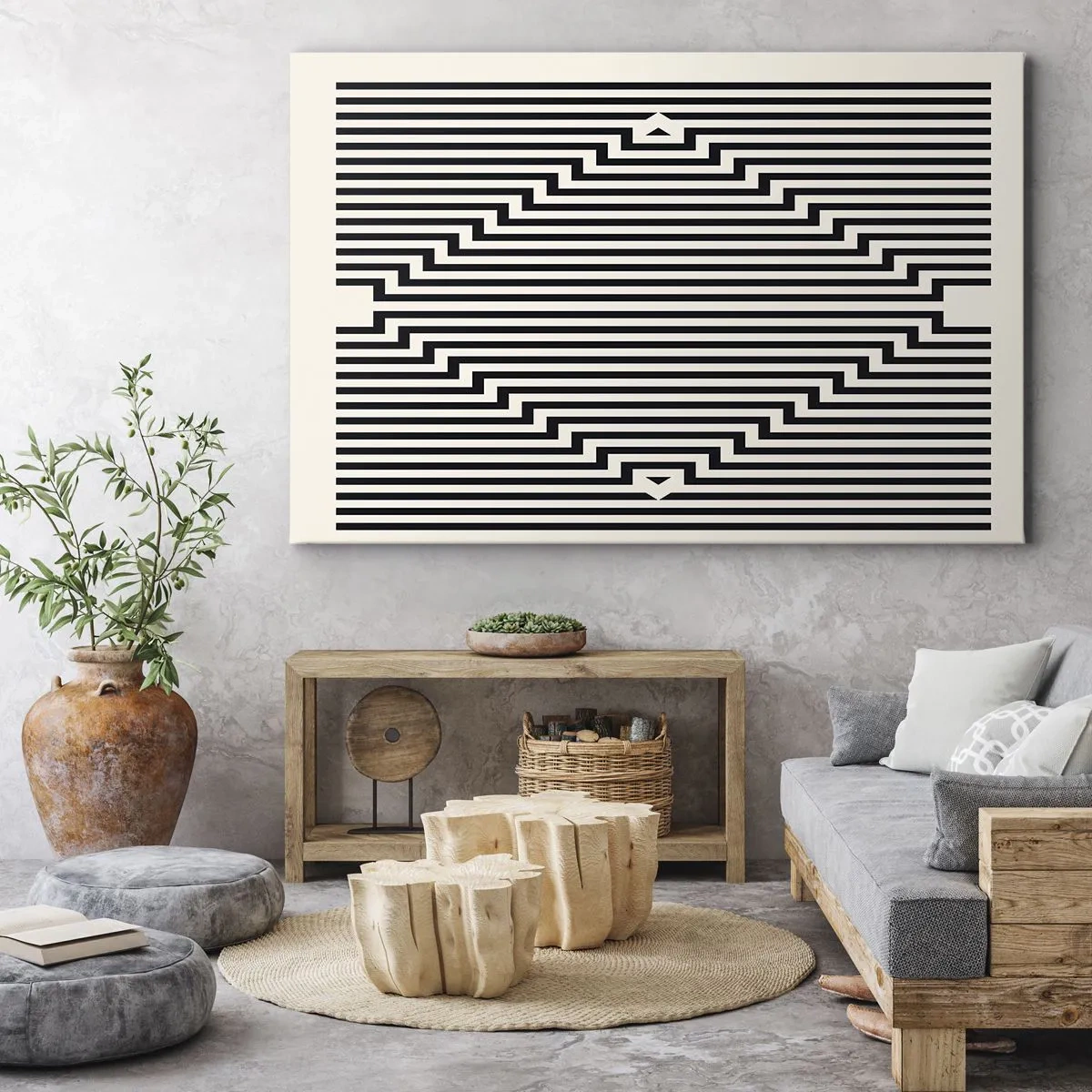 Quadro su tela - Stampe su Tela - Linee bianche e nere che creano un effetto di illusione geometrica - 120x80cm - Illusione geometrica - Decorazione murale moderna per soggiorno e camera da letto ARTTOR