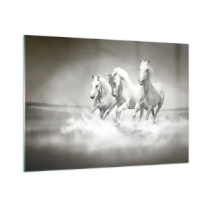Quadro su vetro - Tre cavalli bianchi che galoppano nell'acqua - 100x70cm - Estasi bianca - Decorazione murale moderna per soggiorno e camera da letto ARTTOR