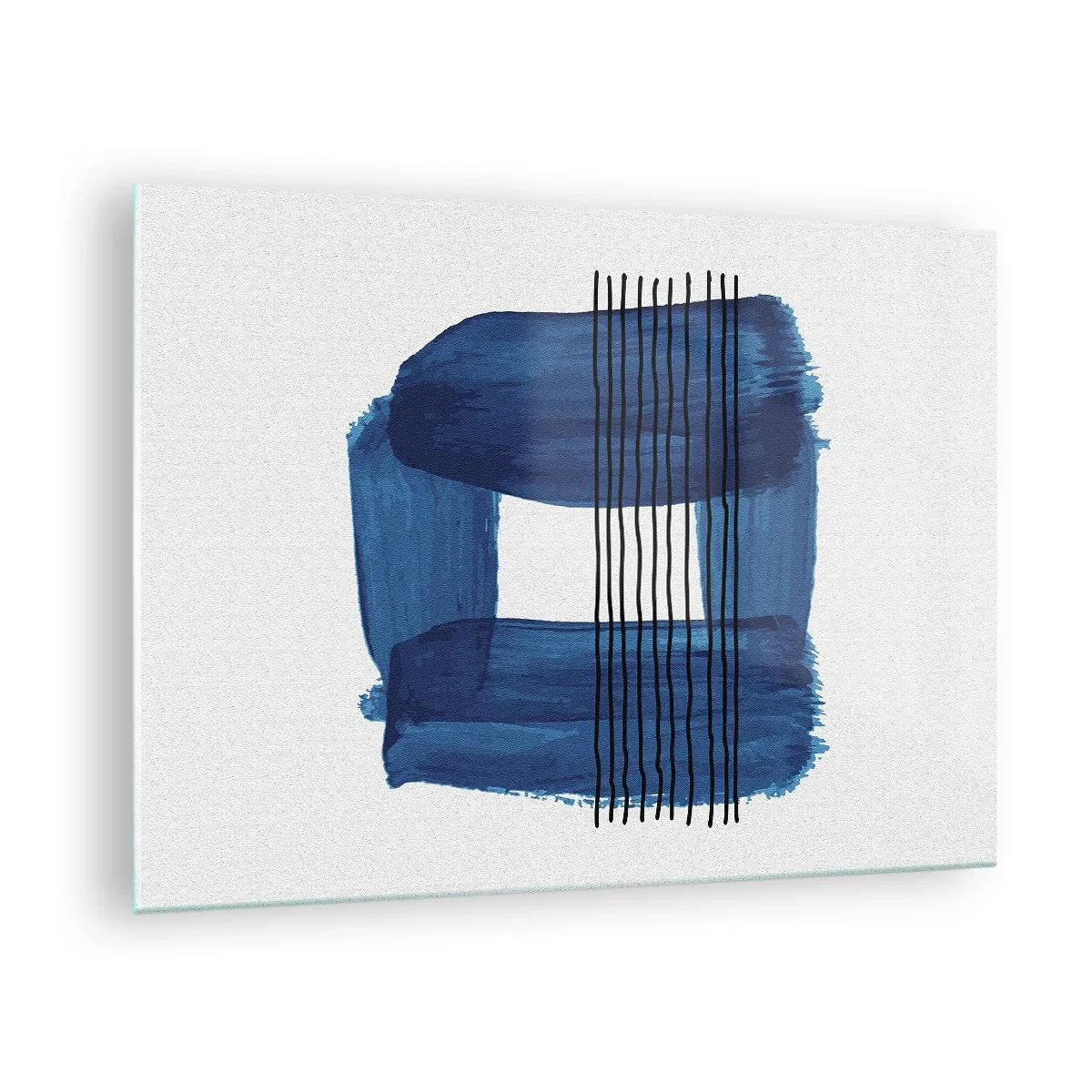 Quadro su vetro - Astrazione moderna nei toni del blu - 70x50cm - Composizione blu e nera - Decorazione murale moderna per soggiorno e camera da letto ARTTOR