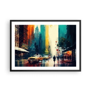 Poster in cornice nera - Una città vivace con taxi e passanti - 70x50cm - New York: qui anche la pioggia è colorata - Decorazione murale moderna per soggiorno e camera da letto ARTTOR