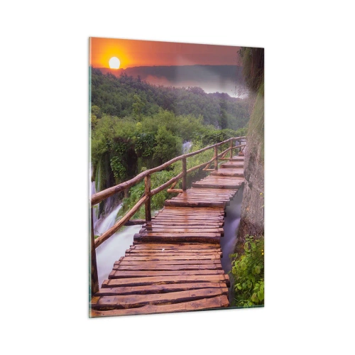 Quadro su vetro - Un sentiero in legno tra il verde al tramonto - 50x70cm - Una bellezza incredibile - Decorazione murale moderna per soggiorno e camera da letto ARTTOR