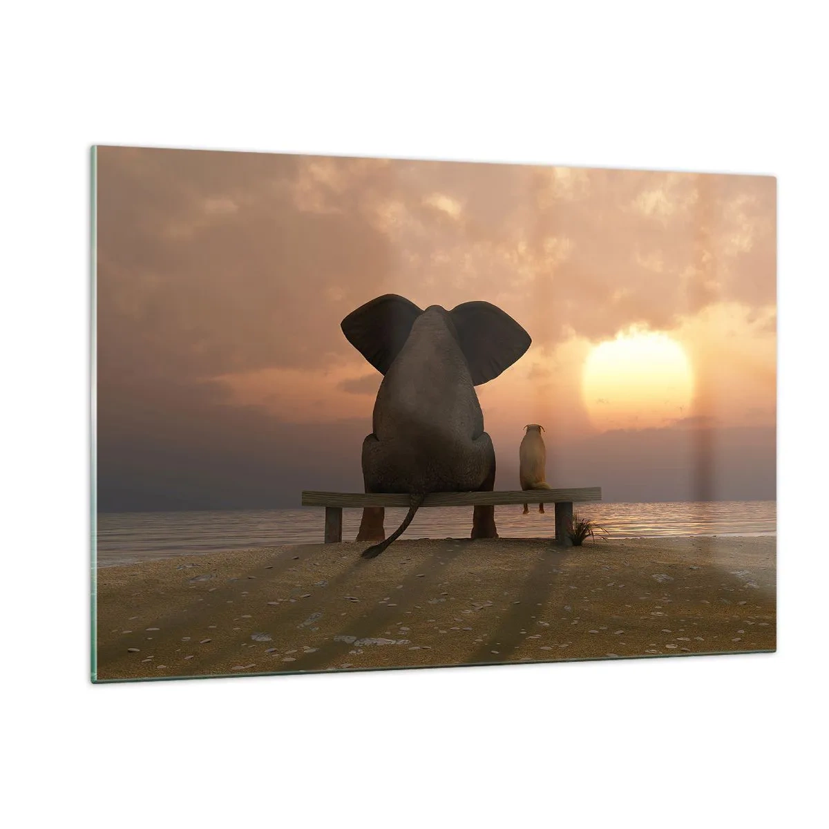 Quadro su vetro - Elefante e cane su una panchina al tramonto - 120x80cm - A volte bisogna tacere - Decorazione murale moderna per soggiorno e camera da letto ARTTOR