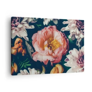 Quadro su tela - Stampe su Tela - Composizione floreale con peonia e crisantemi su sfondo scuro - 70x50cm - Con fasto barocco - Decorazione murale moderna per soggiorno e camera da letto ARTTOR