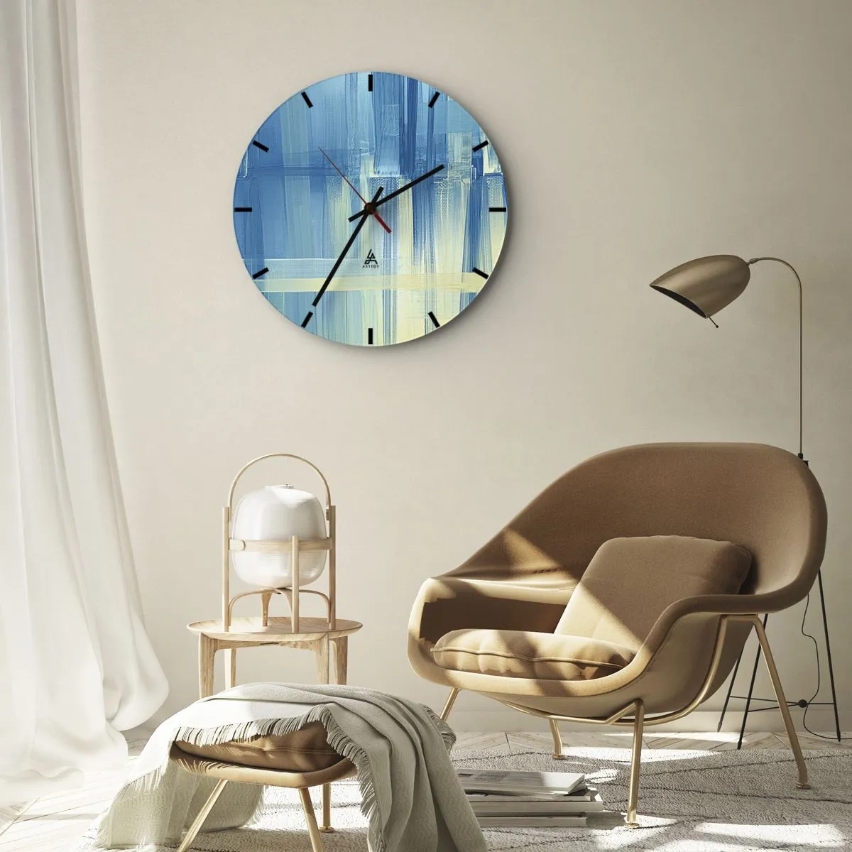 Orologio da parete - Orologio in Vetro - Astrazione blu e beige con tecnica a pennellate - 30x30cm - Composizione in turchese - Decorazione murale moderna per soggiorno, cucina e camera da letto ARTTOR