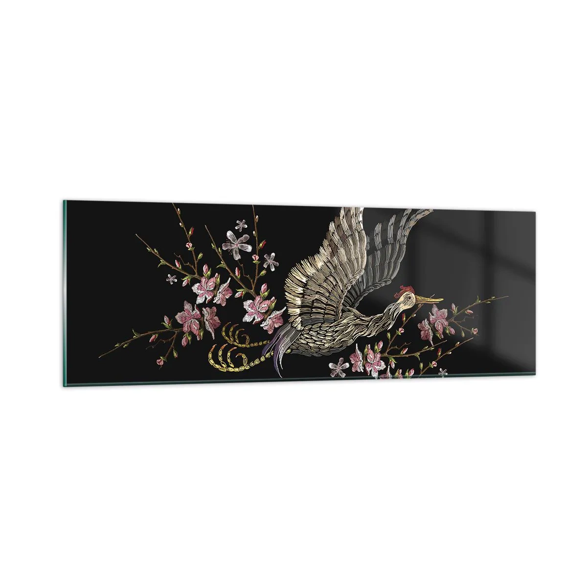Quadro su vetro - Uccello esotico ricamato - 90x30 cm