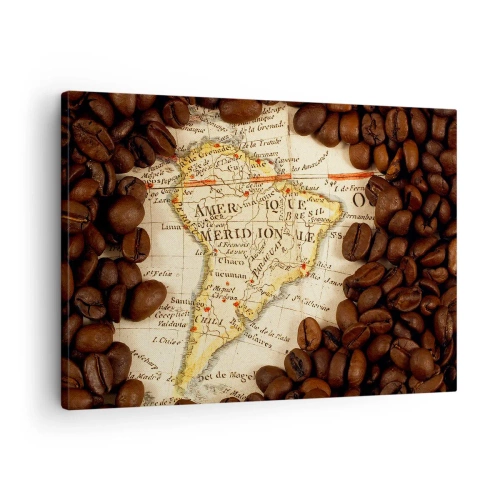 Quadro su tela - Stampe su Tela - Una mappa del Sud America circondata da chicchi di caffè. - 70x50cm - Da dove viene il miglior caffè? - Decorazione murale moderna per soggiorno e camera da letto ARTTOR
