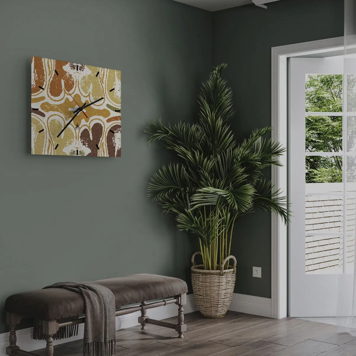 Orologio da parete - Orologio in Vetro - Caldi motivi astratti nei toni del giallo e del marrone - 30x30cm - Astrazione sentimentale - Decorazione murale moderna per soggiorno e camera da letto ARTTOR