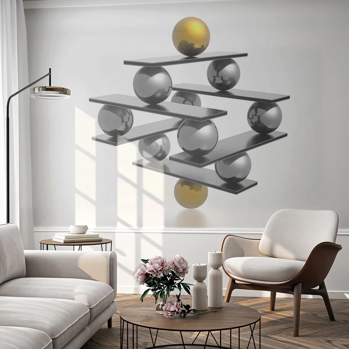 Fotomurali Premium Canvas - Equilibrio oro e argento - Astrazione, Sfere di metallo, 3D - 450x315 cm