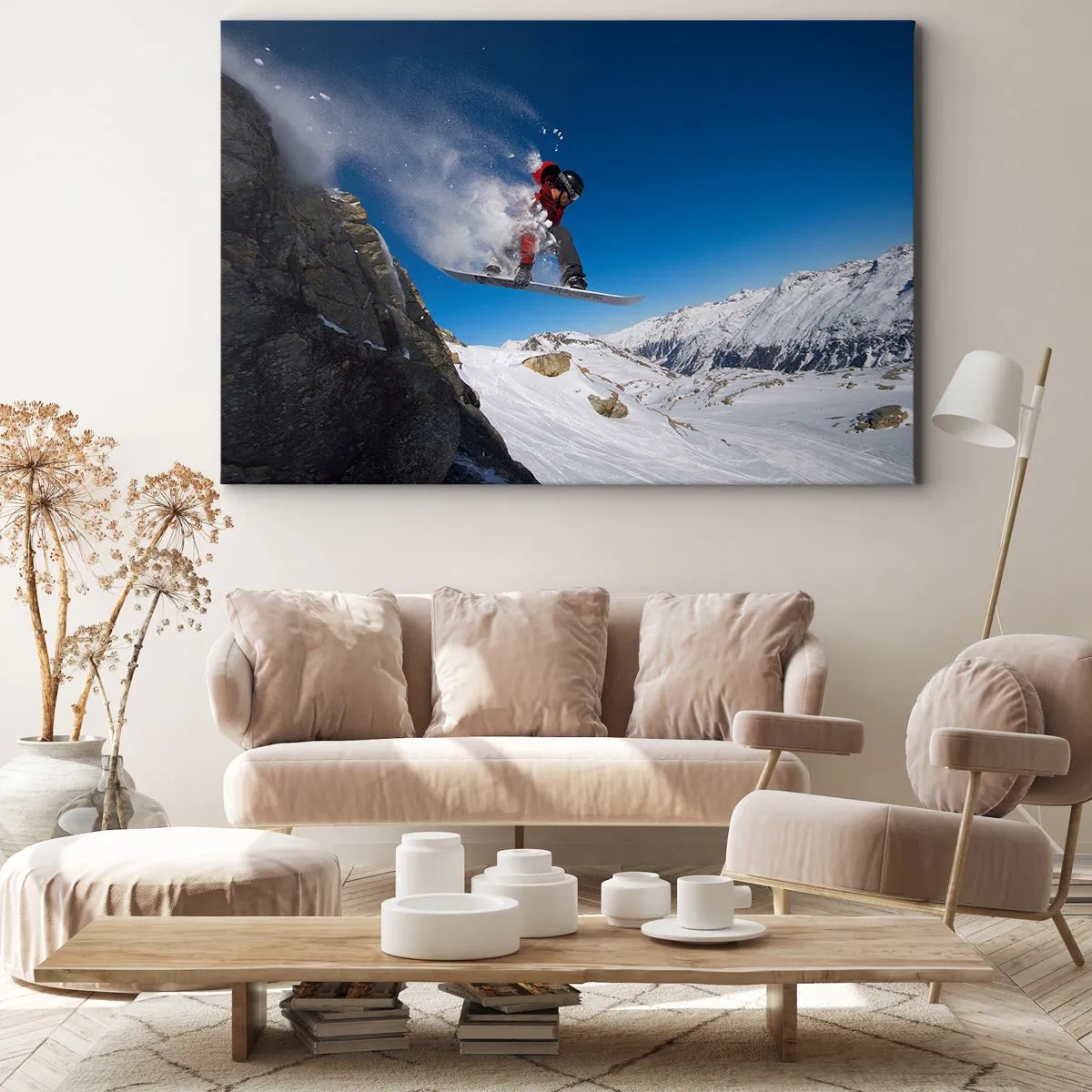 Quadro su tela - Stampe su Tela - Uno snowboarder salta da una roccia contro un paesaggio montano - 120x80cm - E diventi parte del panorama - Decorazione murale moderna per soggiorno e camera da letto ARTTOR