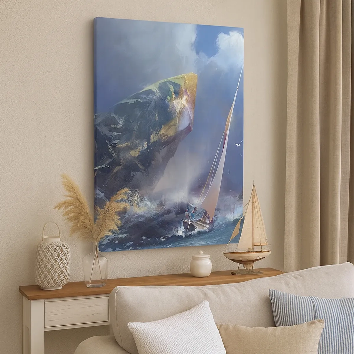 Quadro su tela - Stampe su Tela - Una barca a vela in tempesta ai piedi di una roccia enorme - 50x70cm - Vince chi ha coraggio - Decorazione murale moderna per soggiorno e camera da letto ARTTOR