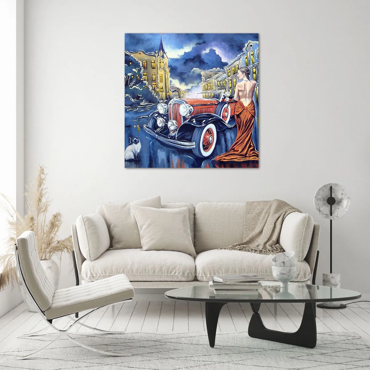 Quadro su vetro - Notturno in blu e coralli - 30x30 cm