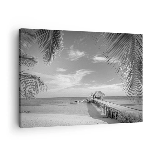 Quadro su tela - Stampe su Tela - Spiaggia bianca e nera con molo e palme su una costa tropicale - 70x50cm - Un ricordo o un sogno? - Decorazione murale moderna per soggiorno e camera da letto ARTTOR