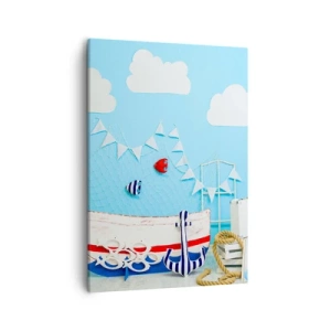 Quadro su tela - Stampe su Tela - Decorazione nautica con barca e accessori su sfondo blu - 50x70cm - La nostalgia delle avventure dei bambini - Decorazione murale moderna per soggiorno e camera da letto ARTTOR