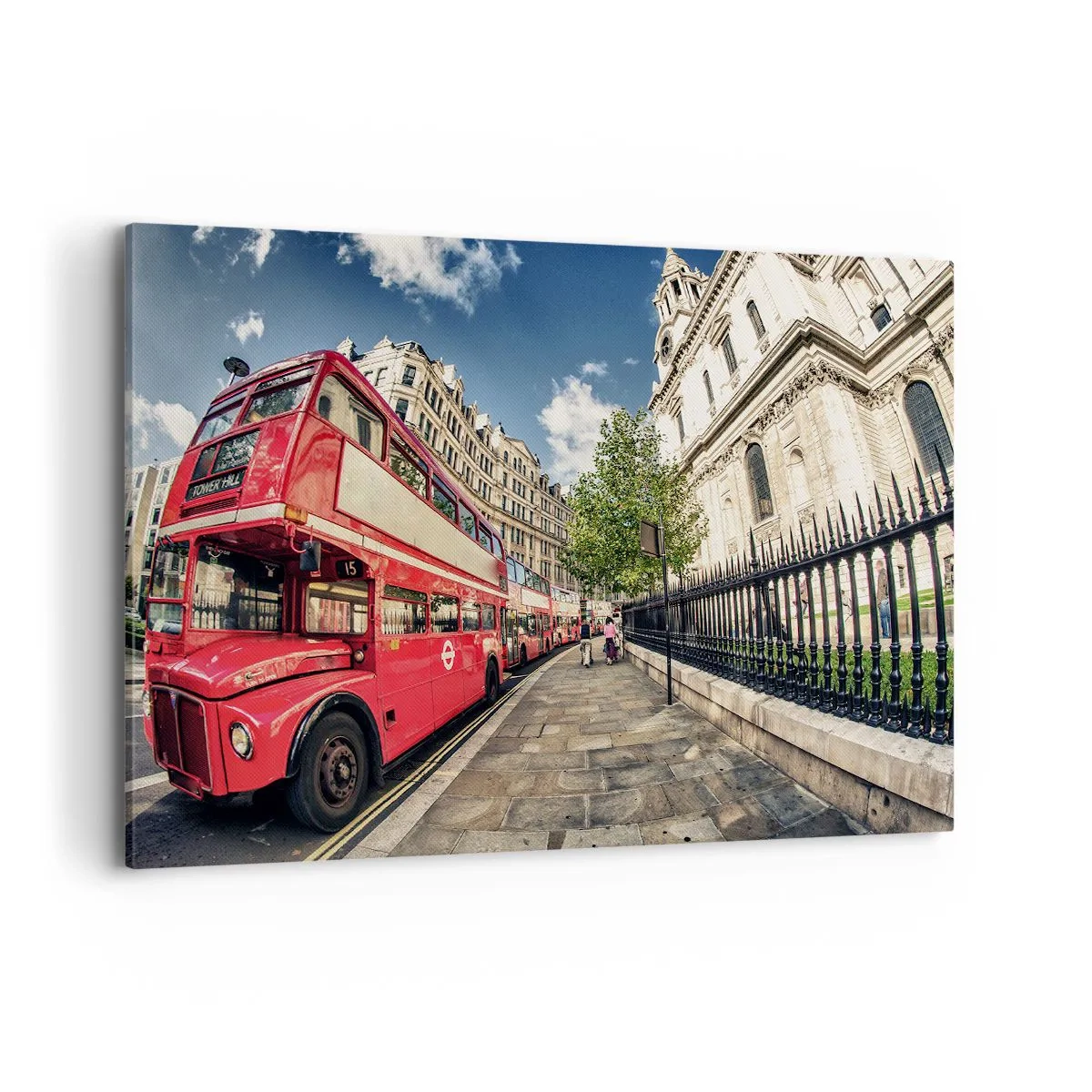 Quadro su tela - Stampe su Tela - Autobus rosso a due piani a Londra vicino alla strada e alla cattedrale - 120x80cm - Via di Londra in grigio e rosso - Decorazione murale moderna per soggiorno e camera da letto ARTTOR