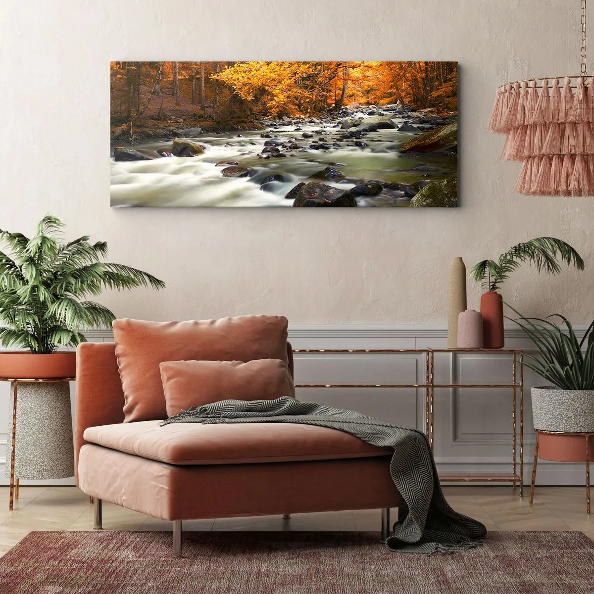 Quadro su tela - Stampe su Tela - Un ruscello in una foresta autunnale circondato da foglie dorate - 140x50cm - Ruscello nel bosco dorato - Decorazione murale moderna per soggiorno e camera da letto ARTTOR
