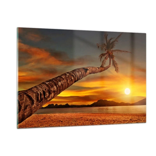 Quadro su vetro - Palma su una spiaggia tropicale al tramonto - 120x80cm - Vacanze esotiche, avventura nei Caraibi - Decorazione murale moderna per soggiorno e camera da letto ARTTOR