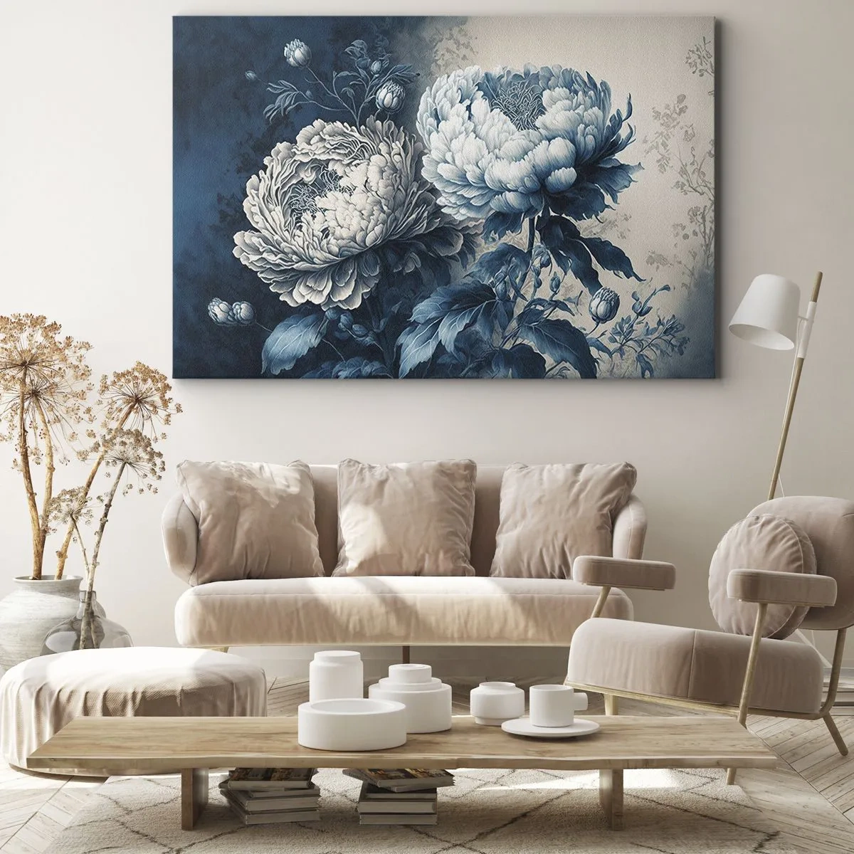 Quadro su tela - Stampe su Tela - Peonie blu su uno sfondo tenue con un motivo delicato - 70x50cm - Coppia perfetta - Decorazione murale moderna per soggiorno e camera da letto ARTTOR