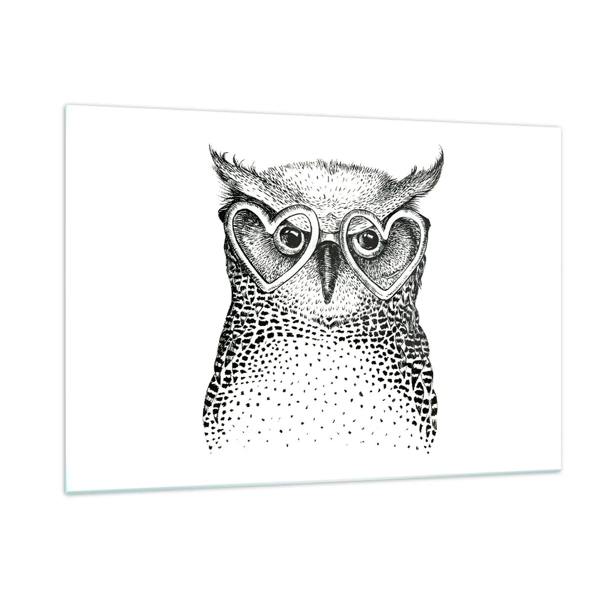 Quadro su vetro - Illustrazione di un gufo che indossa occhiali a forma di cuore - 120x80cm - Saggiamente e con amore - Decorazione murale moderna per soggiorno e camera da letto ARTTOR