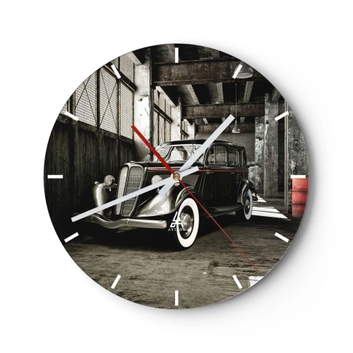 Orologio da parete - Orologio in Vetro - Garage suggestivo con un'auto d'epoca classica - 30x30cm - L'eleganza eterna degli anni '30 - Decorazione murale moderna per soggiorno, cucina e camera da letto ARTTOR