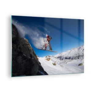 Quadro su vetro - Uno snowboarder salta sullo sfondo di una montagna - 70x50cm - E diventi parte del panorama - Decorazione murale moderna per soggiorno e camera da letto ARTTOR