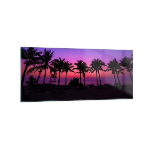 Quadro su vetro - Silhouette di palme contro un cielo al tramonto rosa-viola - 120x50cm - Sera sotto le palme - Decorazione murale moderna per soggiorno e camera da letto ARTTOR