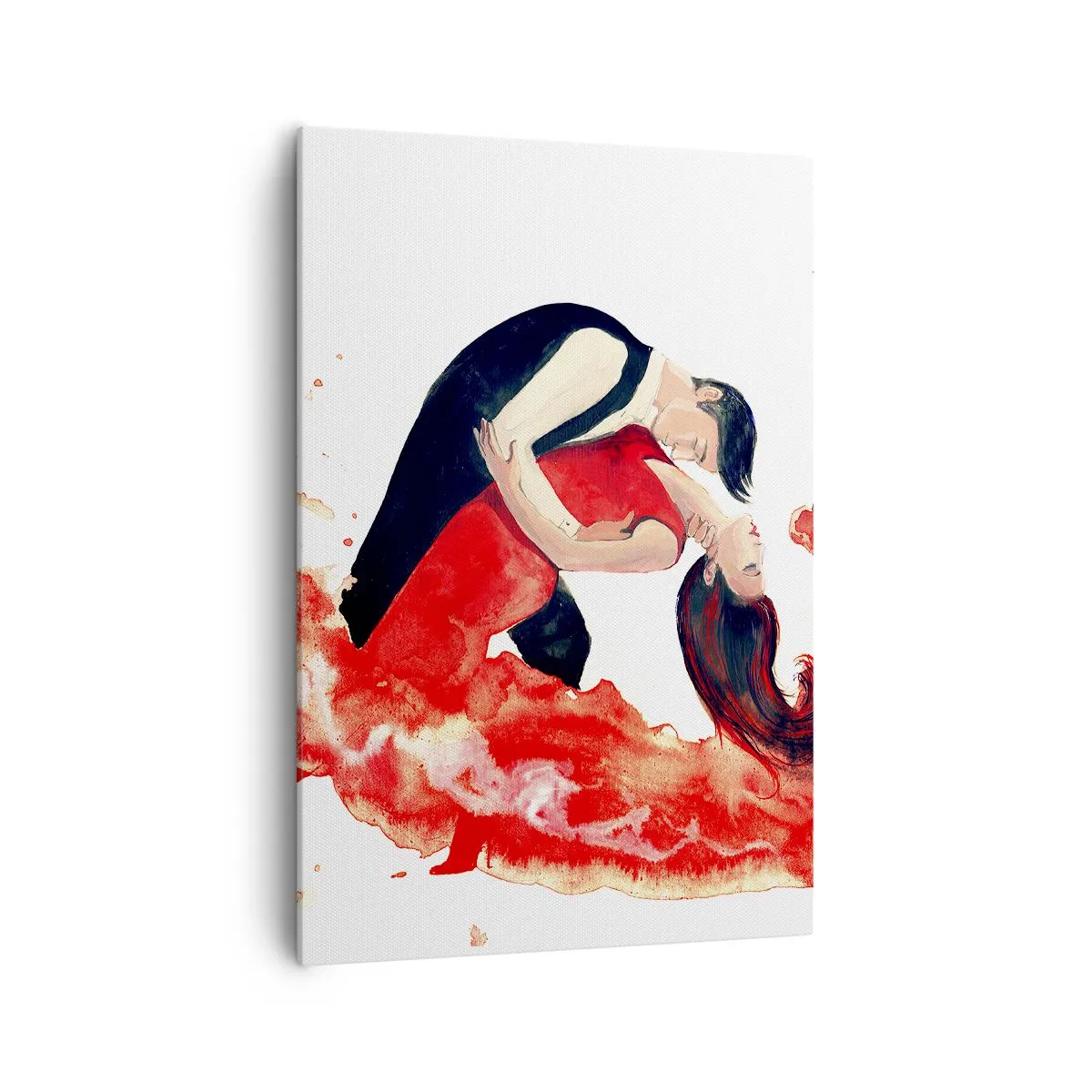 Quadro su tela - Stampe su Tela - Un dinamico dipinto ad acquerello raffigurante una coppia che balla nei toni del rosso. - 70x100cm - Tango: un'onda di passione - Decorazione murale moderna per soggiorno e camera da letto ARTTOR