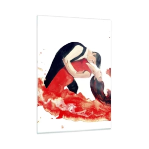 Quadro su vetro - Una coppia che balla in una composizione dinamica ad acquerello rosso - 50x70cm - Tango: un'onda di passione - Decorazione murale moderna per soggiorno e camera da letto ARTTOR