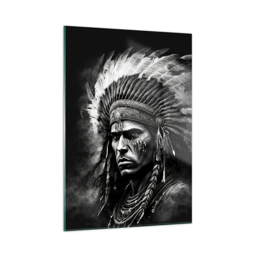 Quadro su vetro - Ritratto in bianco e nero di un guerriero con un copricapo piumato - 50x70cm - Capo e guerriero - Decorazione murale moderna per soggiorno e camera da letto ARTTOR