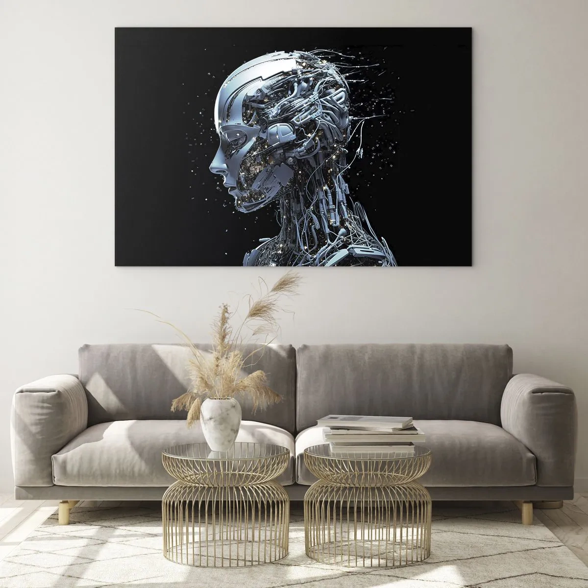 Quadro su vetro - Profilo di un robot femmina con fili e meccanismi - 70x50cm - La tecnologia è donna - Decorazione murale moderna per soggiorno e camera da letto ARTTOR