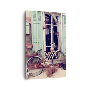 Quadro su tela - Stampe su Tela - Biciclette d'epoca davanti a una porta di legno con persiane color pastello - 80x120cm - Evviva la provincia - Decorazione murale moderna per soggiorno e camera da letto ARTTOR