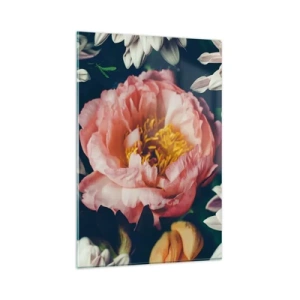 Quadro su vetro - Composizione floreale con peonia e crisantemi su sfondo scuro - 80x120cm - Con fasto barocco - Decorazione murale moderna per soggiorno e camera da letto ARTTOR