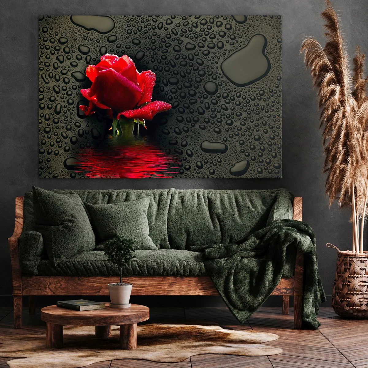 Quadro su tela - Stampe su Tela - Rosa rossa con gocce d'acqua su sfondo scuro - 70x50cm - Rosso e nero - Decorazione murale moderna per soggiorno e camera da letto ARTTOR