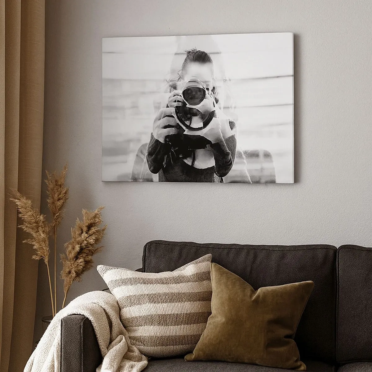 Quadro su tela - Stampe su Tela - Ritratto in bianco e nero con doppia esposizione di un fotografo - 70x50cm - Il creatore e il materiale - Decorazione murale moderna per soggiorno e camera da letto ARTTOR