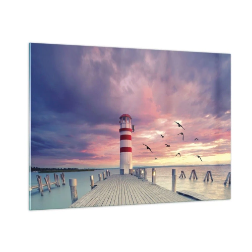 Quadro su vetro - Faro sul molo al tramonto con uccelli che volano - 100x70cm - Tempo di tornare in porto - Decorazione murale moderna per soggiorno e camera da letto ARTTOR