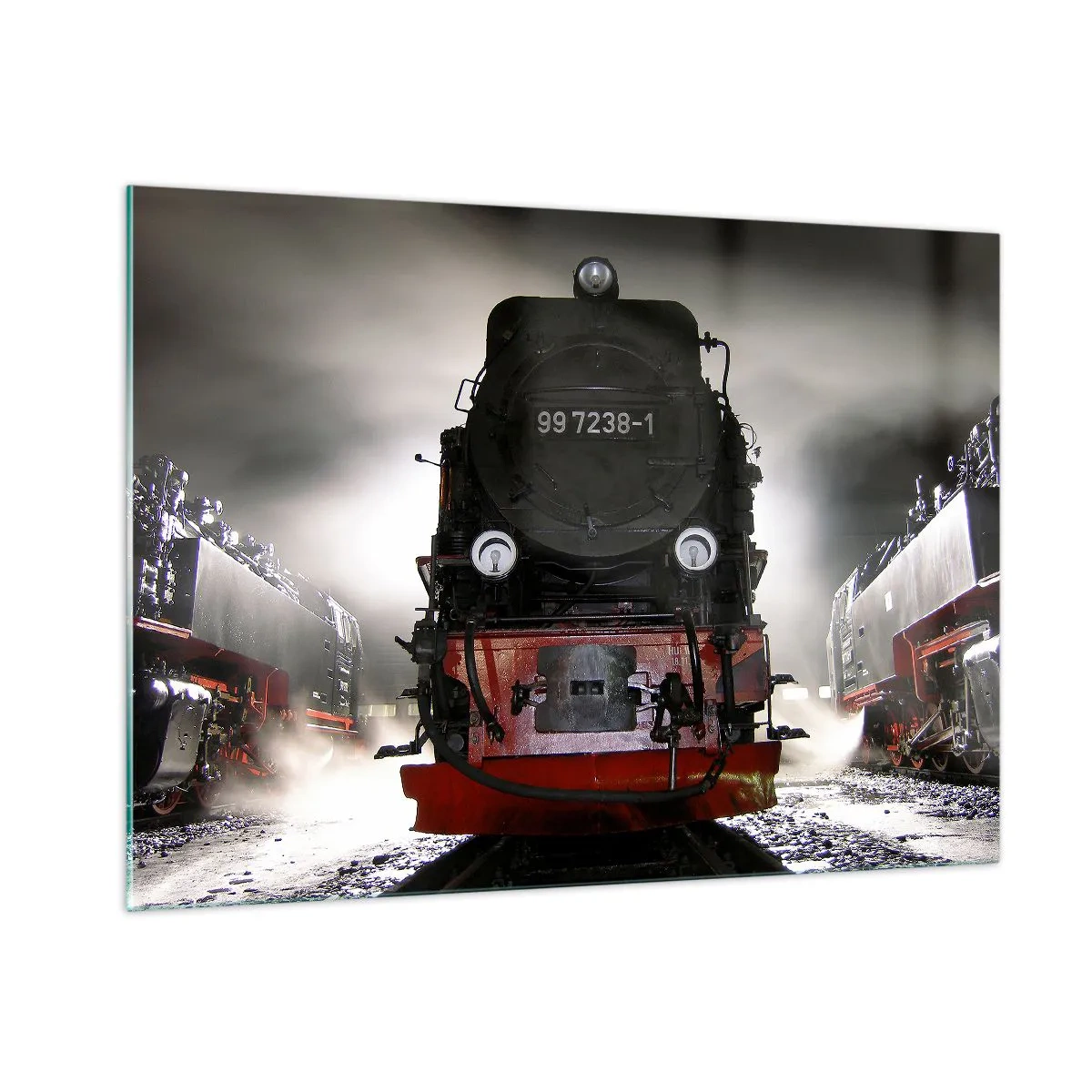 Quadro su vetro - Una locomotiva a vapore circondata da vapore e luce - 100x70cm - Ansima, sbuffa e soffia - Decorazione murale moderna per soggiorno e camera da letto ARTTOR