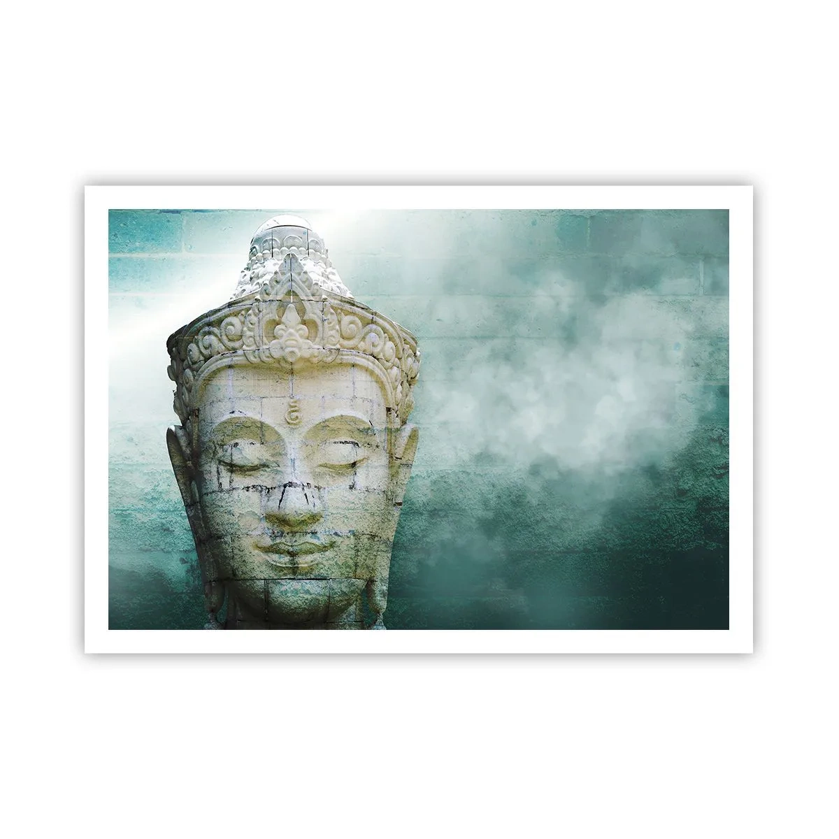 Poster - Statua del Buddha con una leggera nebbia su uno sfondo verde - 100x70cm - Cercando la luce - Decorazione murale moderna per soggiorno e camera da letto ARTTOR