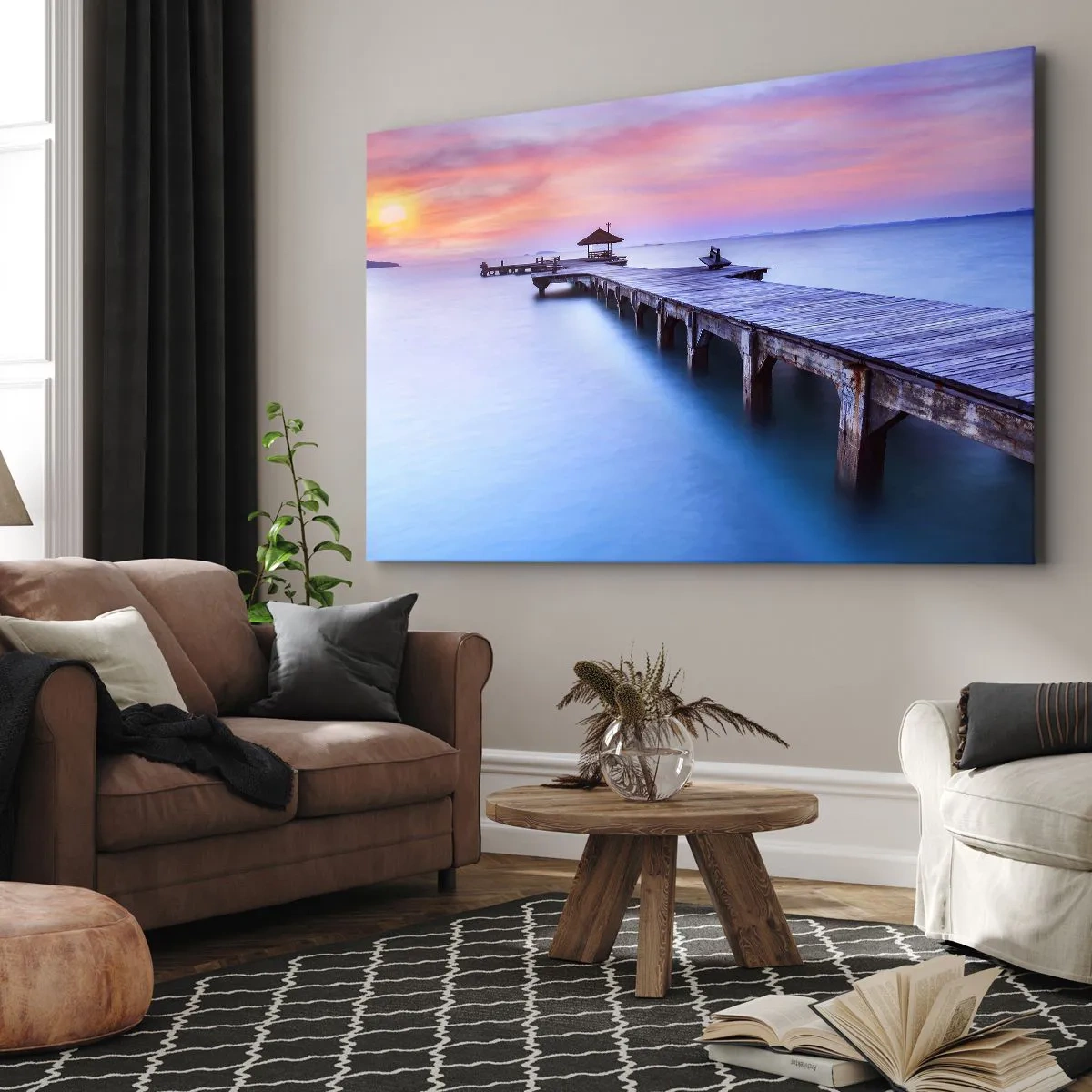 Quadro su tela - Stampe su Tela - Molo di legno che conduce all'acqua durante il tramonto - 70x50cm - Un mare di pace fino all'orizzonte - Decorazione murale moderna per soggiorno e camera da letto ARTTOR
