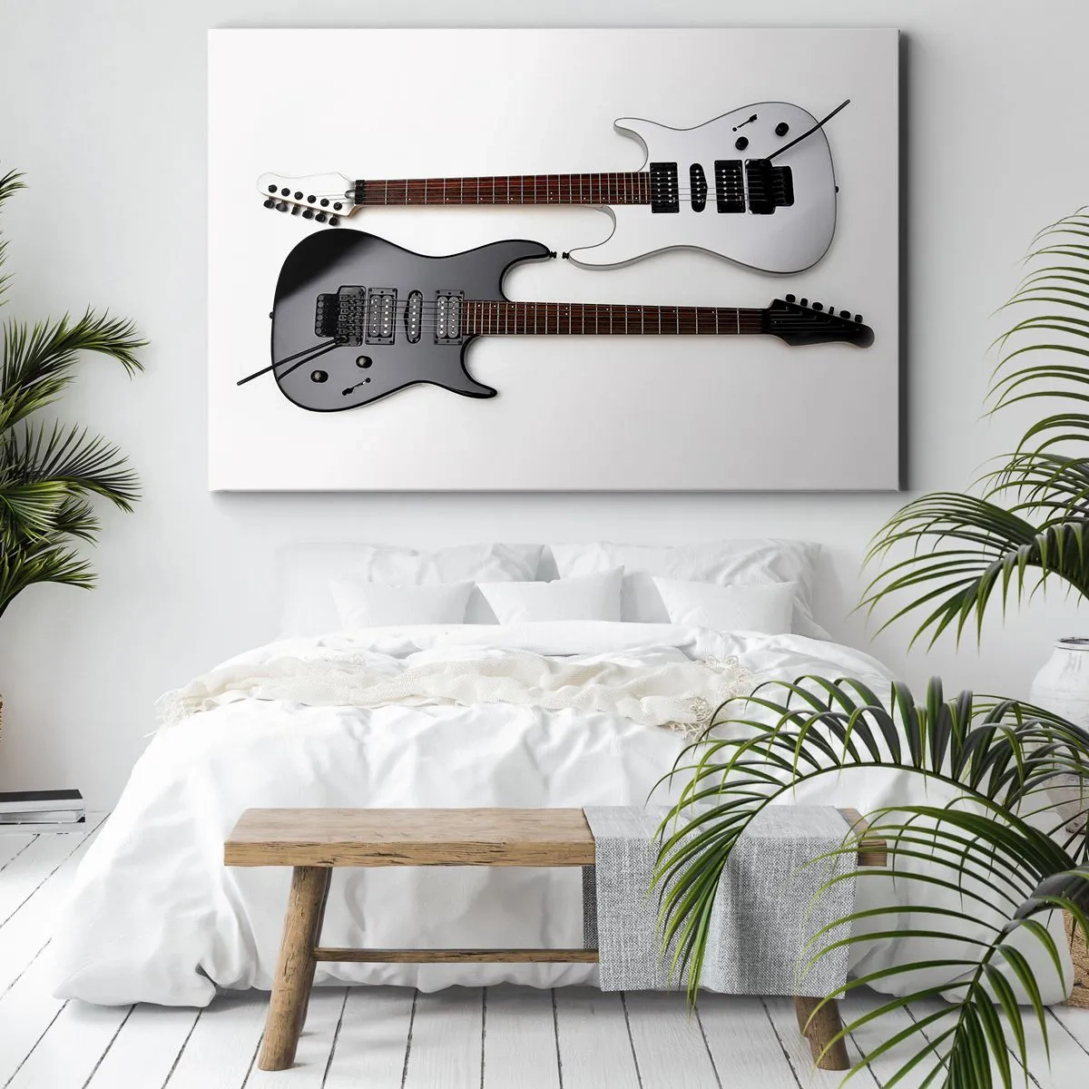 Quadro su tela - Stampe su Tela - Due chitarre elettriche in bianco e nero su uno sfondo chiaro. - 70x50cm - Armonia delle forme - Decorazione murale moderna per soggiorno e camera da letto ARTTOR