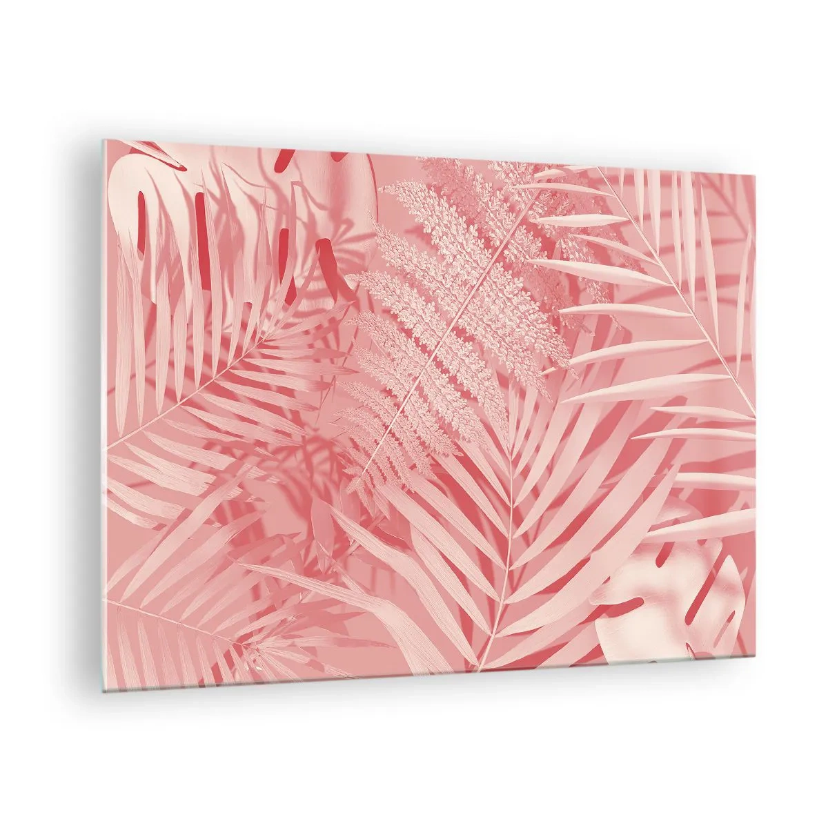 Quadro su vetro - Foglie tropicali rosa in una composizione moderna - 70x50cm - Concetto rosa - Decorazione murale moderna per soggiorno e camera da letto ARTTOR