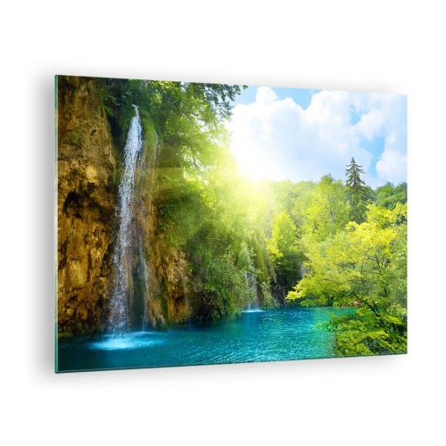 Quadro su vetro - Una cascata che sfocia in un lago blu circondato dal verde - 70x50cm - Così deve essere il paradiso - Decorazione murale moderna per soggiorno e camera da letto ARTTOR