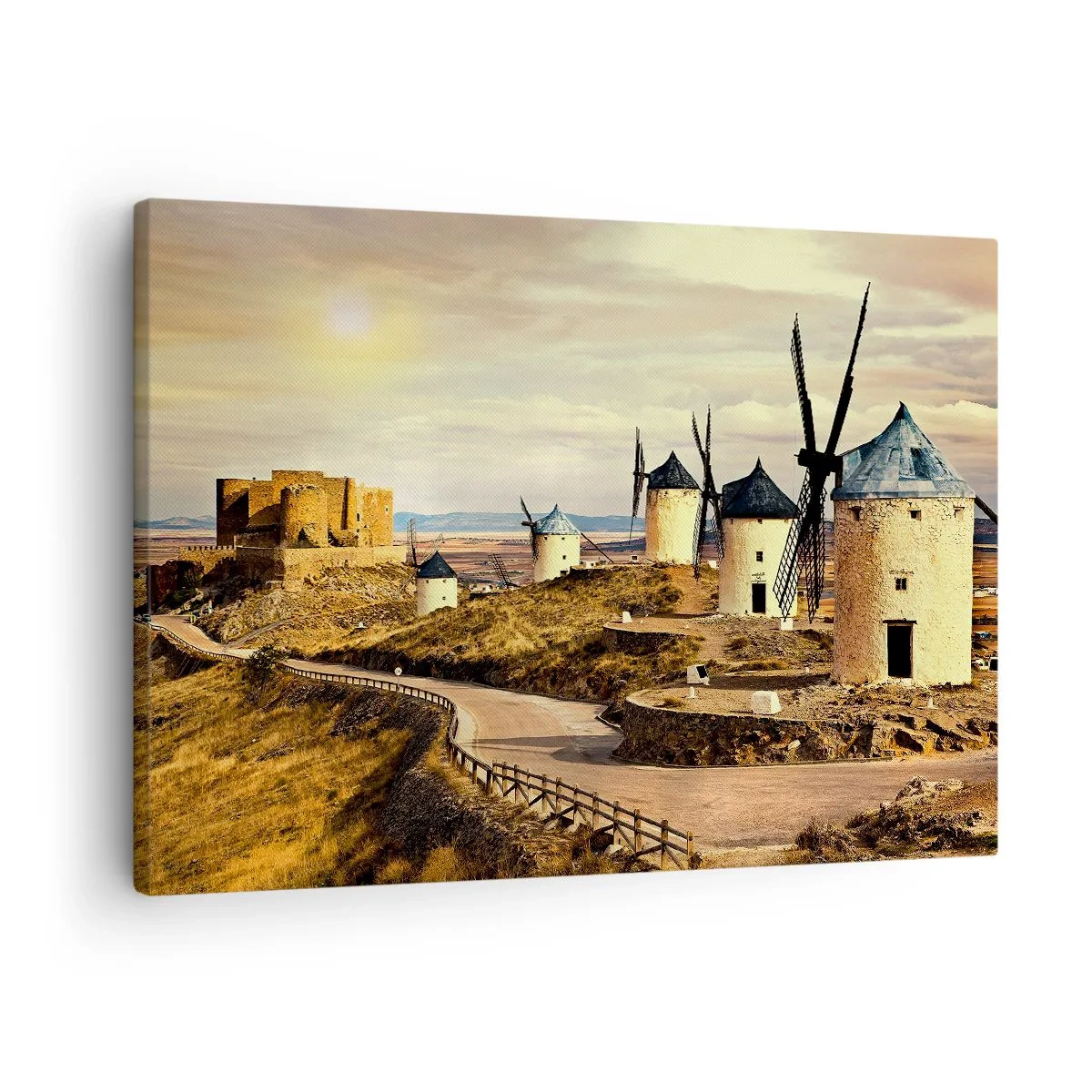 Quadro su tela - Stampe su Tela - Mulini a vento sulle colline con un castello storico sullo sfondo - 70x50cm - Adesso appare Don Chisciotte - Decorazione murale moderna per soggiorno e camera da letto ARTTOR