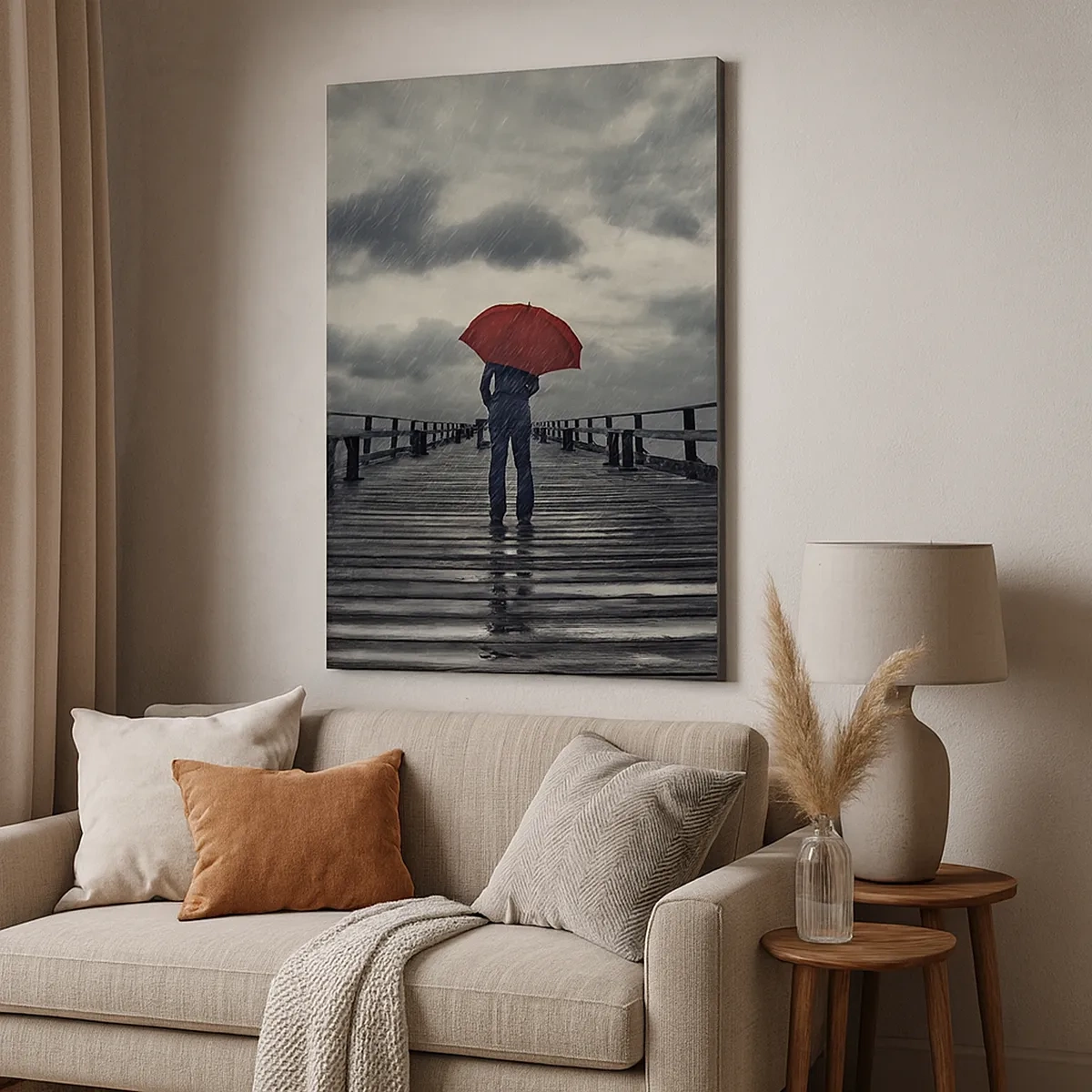 Quadro su tela - Stampe su Tela - Una persona con un ombrello rosso su un molo piovoso - 50x70cm - Non importa che piove - Decorazione murale moderna per soggiorno e camera da letto ARTTOR