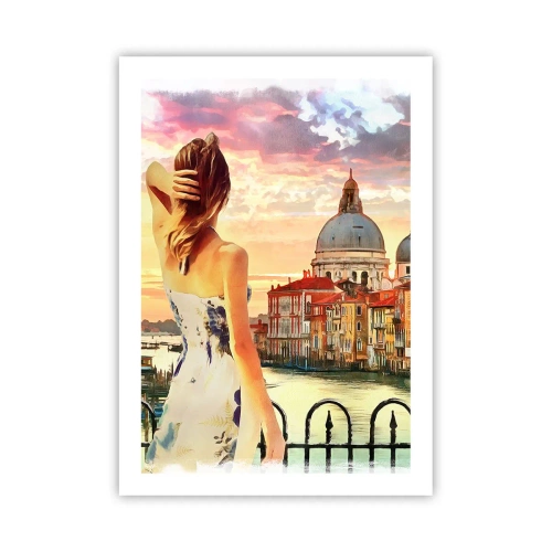 Poster - Una donna ammira il panorama di una città storica al tramonto - 50x70cm - Se un'avventura allora solo a... - Decorazione murale moderna per soggiorno e camera da letto ARTTOR