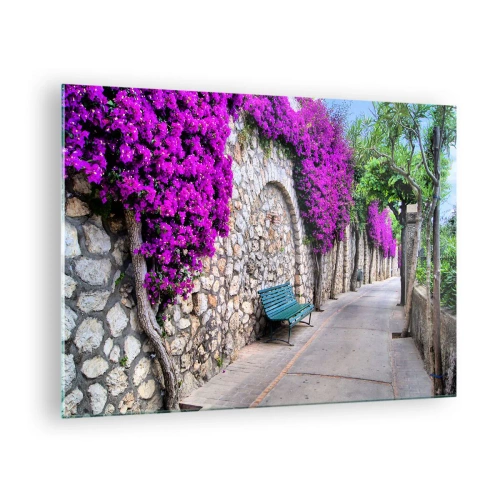 Quadro su vetro - Un muro di pietra con fiori viola e una panchina lungo il sentiero - 70x50cm - Incontriamoci al più presto - Decorazione murale moderna per soggiorno e camera da letto ARTTOR