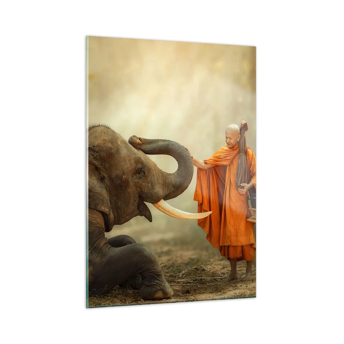 Quadro su vetro - Un monaco in abiti arancioni con un elefante in un ambiente naturale - 50x70cm - Incontro nel viaggio - Decorazione murale moderna per soggiorno e camera da letto ARTTOR