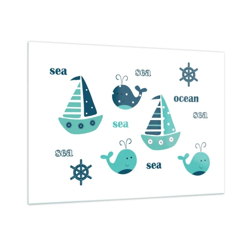 Quadro su vetro - Tema nautico con barche a vela e balene - 100x70cm - Attraverso i mari e gli oceani - Decorazione murale moderna per soggiorno e camera da letto ARTTOR