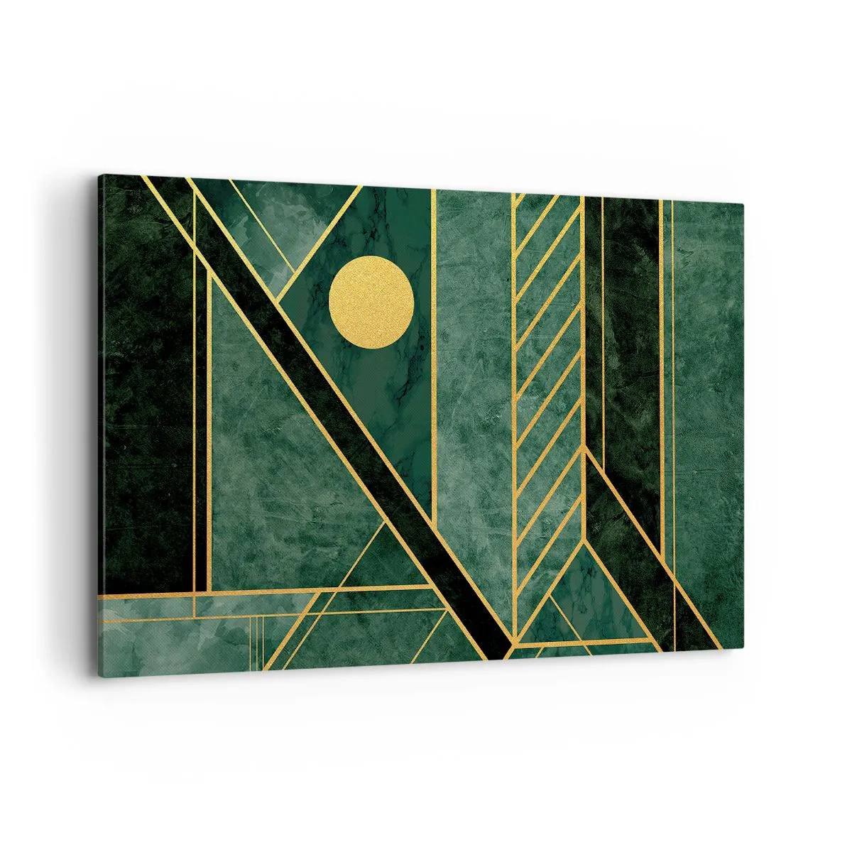 Quadro su tela - Stampe su Tela - Design geometrico verde e oro con un motivo elegante - 120x80cm - Dinamica di oro e azzurro - Decorazione murale moderna per soggiorno e camera da letto ARTTOR