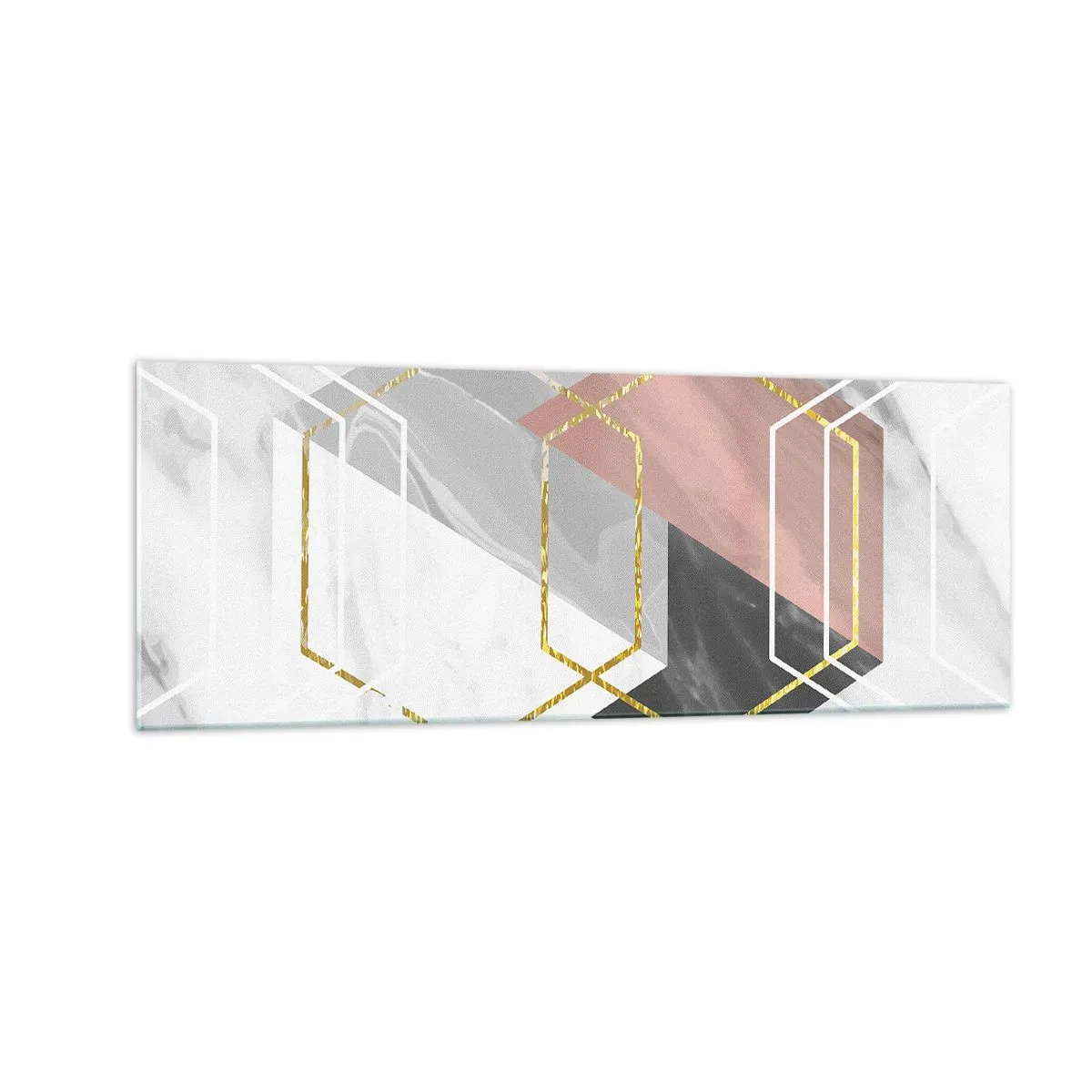 Quadro su vetro - Figure geometriche con accenti in oro e marmo - 140x50cm - Composizione a catena - Decorazione murale moderna per soggiorno e camera da letto ARTTOR