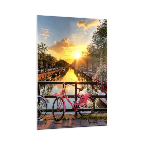 Quadro su vetro - Biciclette su un ponte al chiarore del sole al tramonto - 80x120cm - Mattino di primavera ad Amsterdam - Decorazione murale moderna per soggiorno e camera da letto ARTTOR