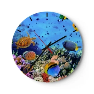 Orologio da parete - Orologio in Vetro - Mondo sottomarino con tartarughe, pesci e barriera corallina - 30x30cm - Ma cosa sappiamo della vita... - Decorazione murale moderna per soggiorno, cucina e camera da letto ARTTOR